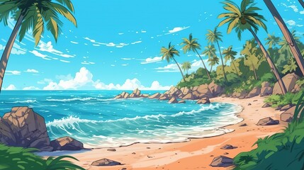 Fototapeta na wymiar A scenic summer beach with palm trees and a crystal clear ocean. Fantasy concept , Illustration painting. Generative AI