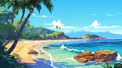 A scenic summer beach with palm trees and a crystal clear ocean. Fantasy concept , Illustration painting. Generative AI