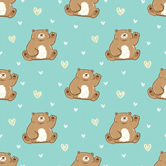 Seamless Pattern with Hand Drawn Cartoon Bear and Heart Design on Pastel Green Background
