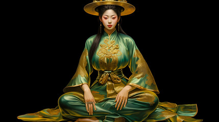 Japanese woman in a golden round hat and wearing a long gold and green silky dress sits cross-legged , Generative AI