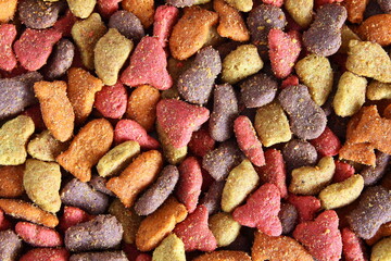 multicolored dried animal or pet food as pet food or health background texture,,top view