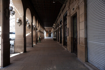 Fototapeta premium Arched colonnade of Plaza del Castillo square in Old Town, Pamplona