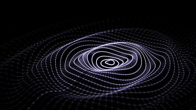 Digital vibration and style sound wave. Circle pulse wave with points and particles on the dark background. Big data visualization. 3D rendering.