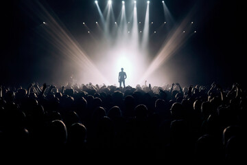 Fototapeta na wymiar Single person on stage, crowd at concert. Generative ai edited
