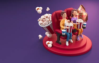 Couple Watching a Movie. 3D Illustration