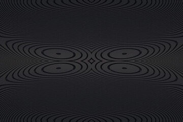 Black design for website, poster, brand identity, presentation template. Grey line curve design on abstract black background. Dark horizontal template or banner, business backdrop. 3D illustration