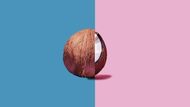 Stop motion Cut and whole Coconut appear and disappear on pastel background. High quality video 4K. Detailed stop motion video. Background or wallpaper in food and drinks videos.