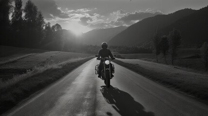 Man on motorcycle driving on a small country road with mountain landscape in the background. Made with Generative AI.