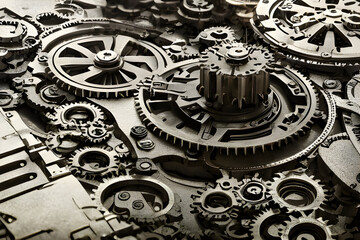 Machinery In Action: Closeup of Metal Gears and cogs in the clockwork mechanical mechanism inside machines Generated Ai