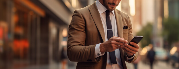 Naklejka premium Successful young handsome businessman using phone