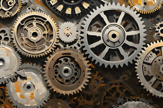 Machinery In Action: Closeup of Metal Gears and cogs in the clockwork mechanical mechanism inside machines Oil Painting Style Background Generated Ai