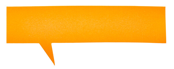 Orange blank cut out paper cardboard speech bubble of rectangular shape with copy space for text on transparent or white background
