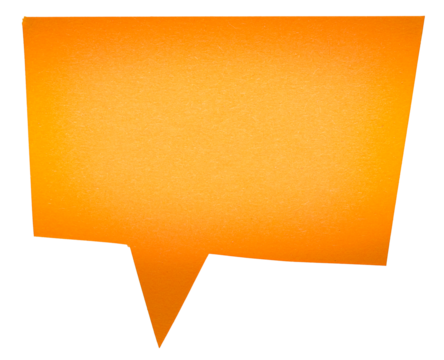 Orange blank cut out paper cardboard speech bubble of rectangular shape with copy space for text on transparent or white background
