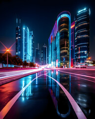 Fototapeta na wymiar Urban modern city buildings in the night - Pop neon colors - Generative AI