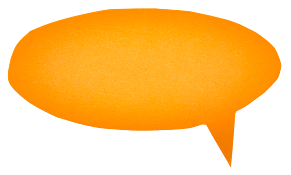 Orange blank cut out paper cardboard speech bubble of elliptical round shape with copy space for text on transparent or white background
