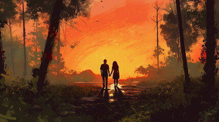 Illustrated Love Couple in Forest Sunset Background - Variation 1