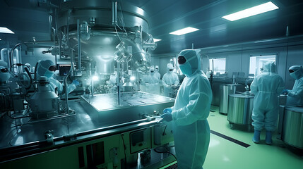 Group of people in protective suits in a modern pharmaceutical laboratory.Created with Generative AI technology.