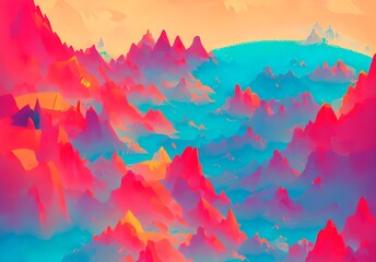 Paisaje de montañas fantásticas con colores vibrantes. IA generativa