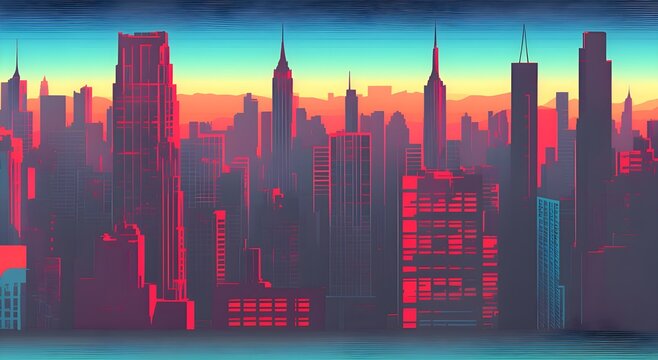 Paisaje de ciudad moderna en el atardecer. IA generativa 