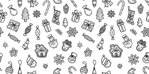 seamless pattern of linear Xmas icons on white background