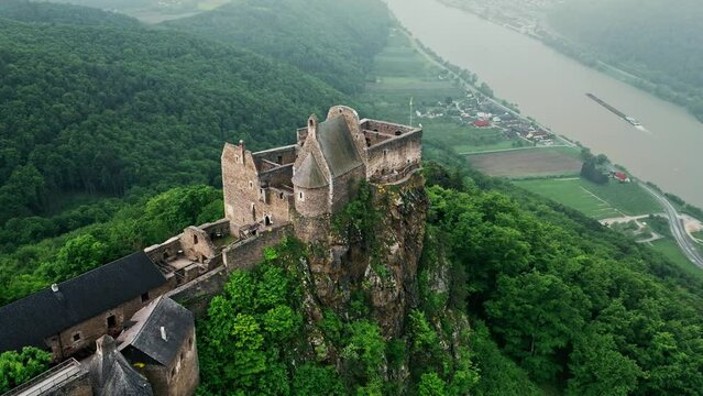 Aerial view of Aggstein Castle - Austria Aggstein sits high above the Danube, with a fantastic view of the World Cultural Heritage site of Wachau.
