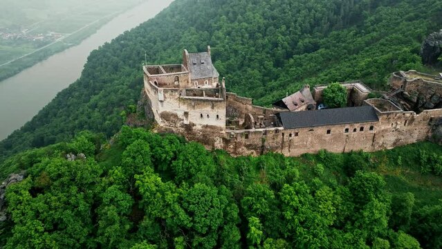 Aerial view of Aggstein Castle - Austria Aggstein sits high above the Danube, with a fantastic view of the World Cultural Heritage site of Wachau.