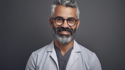 Smiling middle-aged doctor standing in a medical uniform against a gray wall.Created with Generative AI technology.