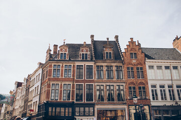 Fototapeta premium row of old european dutch style houses in brown rust white cream colors with foliage on a street in belgium europe