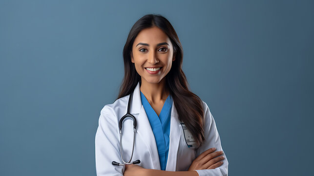 Smiling young female doctor standing in a medical uniform against a blue wall.Created with Generative AI technology.