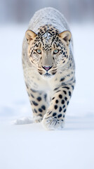 Unleash the untamed beauty: A stunning wildlife portrait capturing a leopard's regal stride through the snow. Witness the awe-inspiring grace in this captivating image.