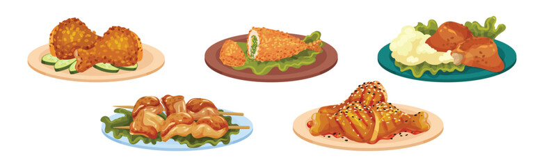 Meat Dish and Food Served on Plate Vector Set