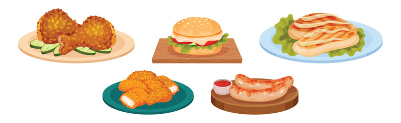 Meat Dish and Food Served on Plate Vector Set