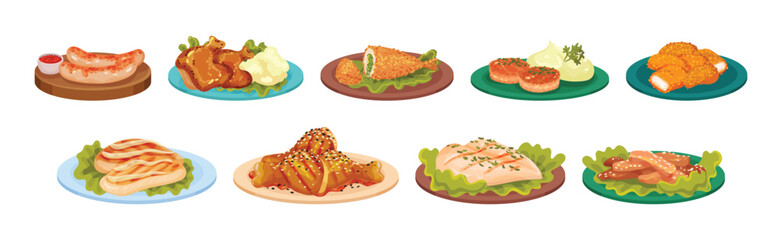 Meat Dish and Food Served on Plate Vector Set