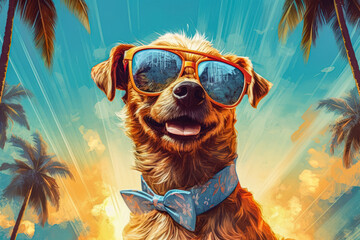 A cute little dog wearing sunglasses and a Hawaiian shirt, ready for a tropical getaway.