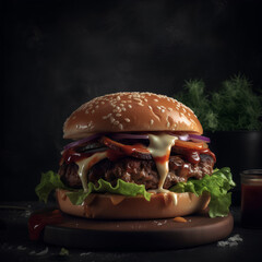 burger with big patty, green salad leaves, purple onion, ketchup and spreading cheese, burger on wooden background, black smoke background with greens