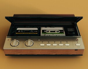 Fototapeta premium A vintage analogue answering machine from the 80's made of wood and chrome on an isolated mustard yellow background - 3D render