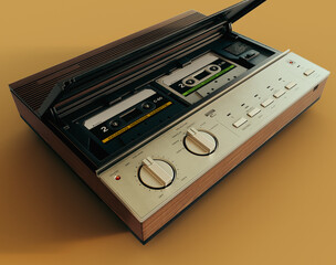 Obraz premium A vintage analogue answering machine from the 80's made of wood and chrome on an isolated mustard yellow background - 3D render