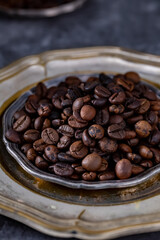 Roasted coffee beans on the metal tray