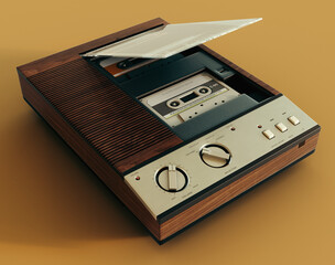 Fototapeta premium A vintage analogue answering machine from the 80's made of wood and chrome on an isolated mustard yellow background - 3D render
