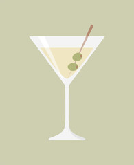 A glass of martini with olives on a skewer on a green olive background. Flat vector illustration - obrazy, fototapety, plakaty