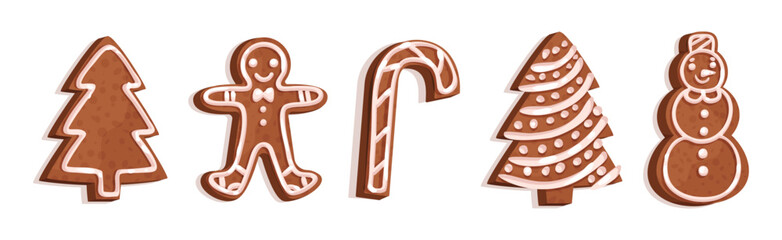 Christmas Gingerbread Cookies with Sugar Glaze Vector Set