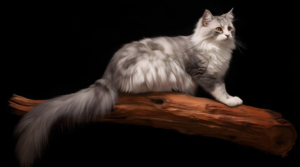 Elegant Contrasts: A white cat perches on a wooden branch against a black background, showcasing the captivating blend of dark silver and light brown tones. Experience the timeless beauty of this ench