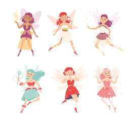 Cute Girl Fairy Flying with Wings and Magic Wand Vector Illustration Set