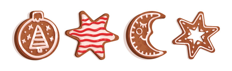 Christmas Gingerbread Cookies with Sugar Glaze Vector Set
