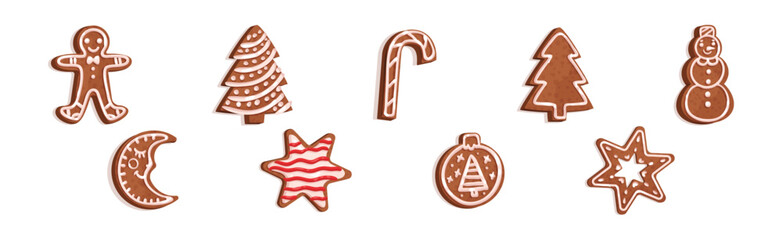 Christmas Gingerbread Cookies with Sugar Glaze Vector Set