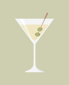A glass of martini with olives on a skewer on a green olive background. Flat vector illustration