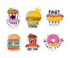 Fast Food Logo Design with Hamburger, Hot Dog and Donut Vector Set