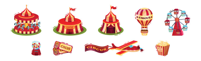 Colorful ircus Objects with Carousel, Marquee, Hot Air Balloon, Ferris Wheel, Popcorn and Plane Vector Set