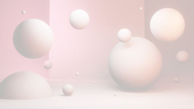 Clean and peaceful background of perfect 3D spheres floating in the air in soft and pastel colors