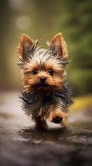 Rainy Day Joy: Experience the delightful sight of a Yorkshire Terrier running on wet pavement, embraced by a misty veil of rainy fog. Feel the playful spirit and charm of this captivating moment.